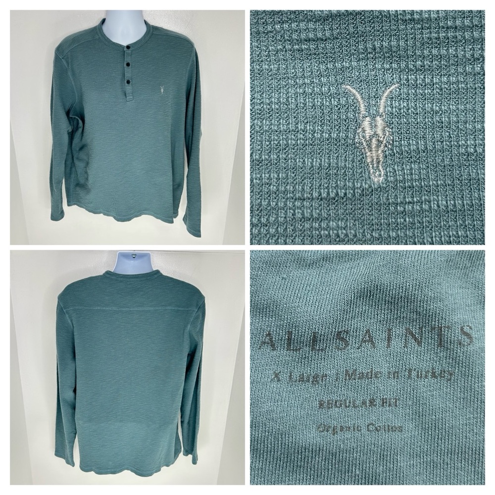 AllSaints Thermal Henley Shirt Size XL Green Muse‎ Long Sleeve Cotton Blend